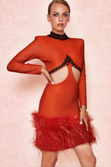 RHINESTONE CUTOUT FEATHER BANDAGE DRESS IN RED