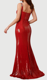 althea Manidis One-Shoulder Sequin Glitter High Slit Mermaid Dress