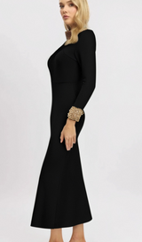 YVONNE LONG SLEEVE GOLD BEAD BANDAGE MIDI DRESS IN BLACK