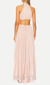 nancy halter cutout pleated gown in pale pink