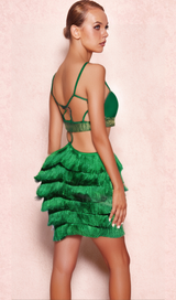 GREEN RHINESTONE CUTOUT FRINGE DRESS