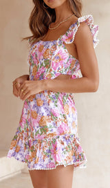 SQUARE NECK FLORAL RUFFLED MINI DRESS