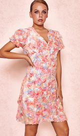 FAWN FLOWER EMBROIDERY BUTTON MINI DRESS IN PINK