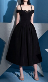 AMY LACE V-NECK PEARL STRAP MIDI MIDI DRESS IN BLACK