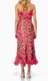 3D flower embroidery strapless midi dress in rose red