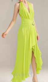 maéva halter neck slit plunge neck maxi dress in green