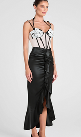 BEULAH BLACK SATIN CORSET SEQUIN WING CUP DRESS