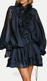 Jaketta Flower Ruffle Mini Dress In Black