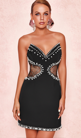 Symmetrical tulle pearl embellished mini dress in black