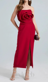 michelle 3d flower strapless midi dress in red