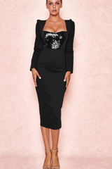 MELISSA LONG SLEEVE PATCHWORK SEQUIN MIDI DRESS IN BLACK