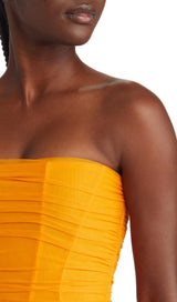 STRAPLESS CORSET MIDI DRESS IN ORANGE