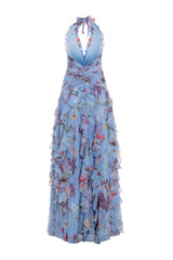 Floral Halter Ruffle Tulle Maxi Dress in Blue