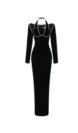 ALISON BLACK CRYSTAL-EMBELLISHED VELVET MAXI DRESS