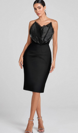 BLACK STRAPLESS LEAVES CORSET MIDI BANDAGE DRESS