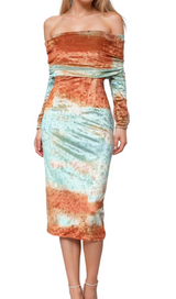 adelaide ruched velvet strapless midi dress in green brown