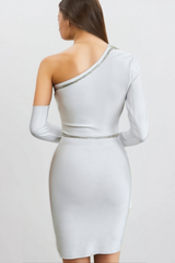ADORNS ASYMMETRICAL ONE SHOULDER WHITE DRESS