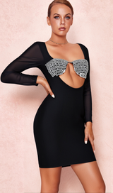 MESH-SLEEVE CRYSTAL BUSTIER BANDAGE DRESS IN BLACK