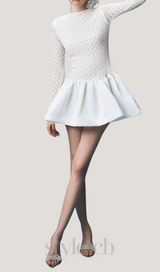 Lace Patchwork Puff Mini Dress in white