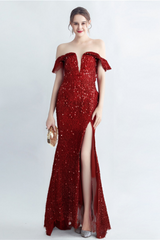 RED OFF-SHOULDER SEQUIN DRESS