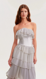 STRAPLESS RUCHED MESH MAXI DRESS IN WHITE