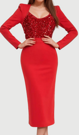 MELISSA LONG SLEEVE PATCHWORK SEQUIN MIDI DRESS IN RED