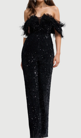 off-shoulder sequin jumpsuit in black
