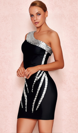 ONE SHOULDER RHINESTONE MINI DRESS IN BLACK