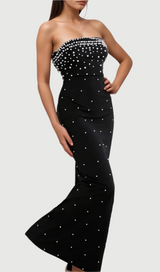 pearl-embellished strapless gown in black
