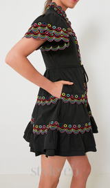 WAVY RUCHED TRIM MINI DRESS IN BLACK