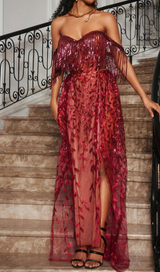 belen Codruta Strapless Leafy Fringe Maxi Dress In Wine