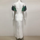 Off-Shoulder pearl embellished bodycon maxi dress in green