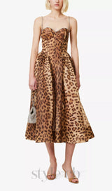 Animal Print Crystal Bustier A Line Midi Dress