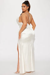 Isabella Feather Trim Satin Gown in Cream