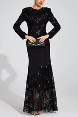 joanna Black long sleeve Embroidered Maxi Dress