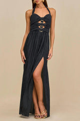 bonnie halter pleated cutout maxi dress in navy blue