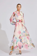 vivien pink floral Printed lantern sleeve Maxi Dress