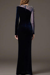 riva crystal patchwork Velvet Column maxi Dress in dark blue