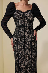wendy Lace Splicing Mesh Puff Sleeve Midi Dress in black