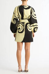 oceanic swirl v-neck puff sleeve mini dress