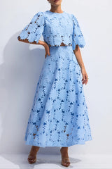 Lace Embroidered Top & Maxi Skirt Two-Piece Set in blue