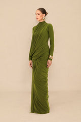 liz High Neck Asymmetric Drape ruched Maxi Dress in green