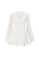 Flower embroidery hollow mini dress in white