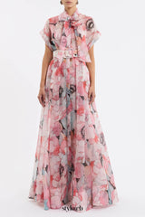 floral print silk organza maxi dress in pink-multi