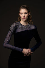 riva crystal patchwork Velvet Column maxi Dress in dark blue