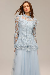 yvette blue Long Sleeve Folds Lace Butterfly Top And Skirt Two-Piece Set