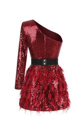 ONE-SHOULDER FEATHER SEQUINS MINI DRESS