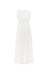 lace trim embroidery hollow midi dress in white