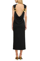 black sleeveless backless knit midi dress with two pleated golden embellishments
