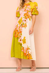 linda puff sleeve floral print maxi dress in yellow